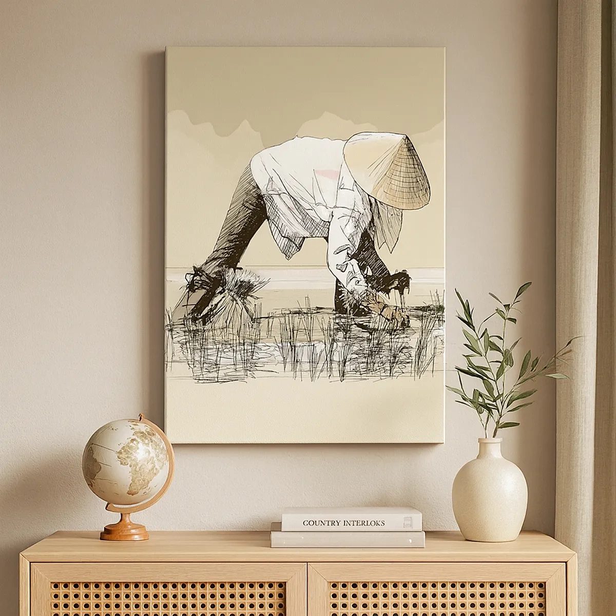 Quadro su tela - Stampe su Tela - Contadini che lavorano in una risaia indossando copricapi tradizionali - 50x70cm - Buon raccolto - Decorazione murale moderna per soggiorno e camera da letto ARTTOR