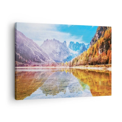 Quadro su tela - Stampe su Tela - Paesaggio montano autunnale con lago - 70x50cm - E nei monti è già autunno - Decorazione murale moderna per soggiorno e camera da letto ARTTOR