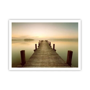 Poster - Un molo di legno su un lago calmo al mattino - 100x70cm - Aurora, alba, luce - Decorazione murale moderna per soggiorno e camera da letto ARTTOR