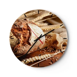 Orologio da parete - Orologio in Vetro - Pane su un tavolo di legno con spighe di grano e chicchi - 30x30cm - Appetitoso, profumato, croccante - Decorazione murale moderna per soggiorno, cucina e camera da letto ARTTOR