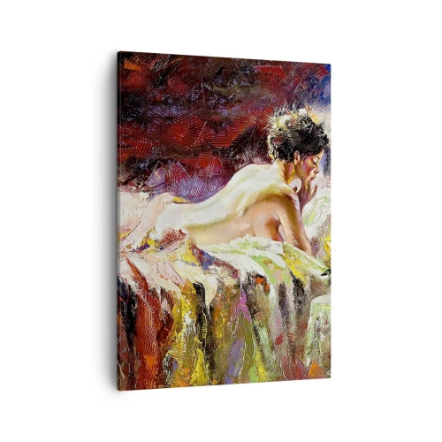 Quadro su tela - Stampe su Tela - Una donna sdraiata su un letto su uno sfondo di colori astratti. - 50x70cm - Venere pensierosa - Decorazione murale moderna per soggiorno e camera da letto ARTTOR