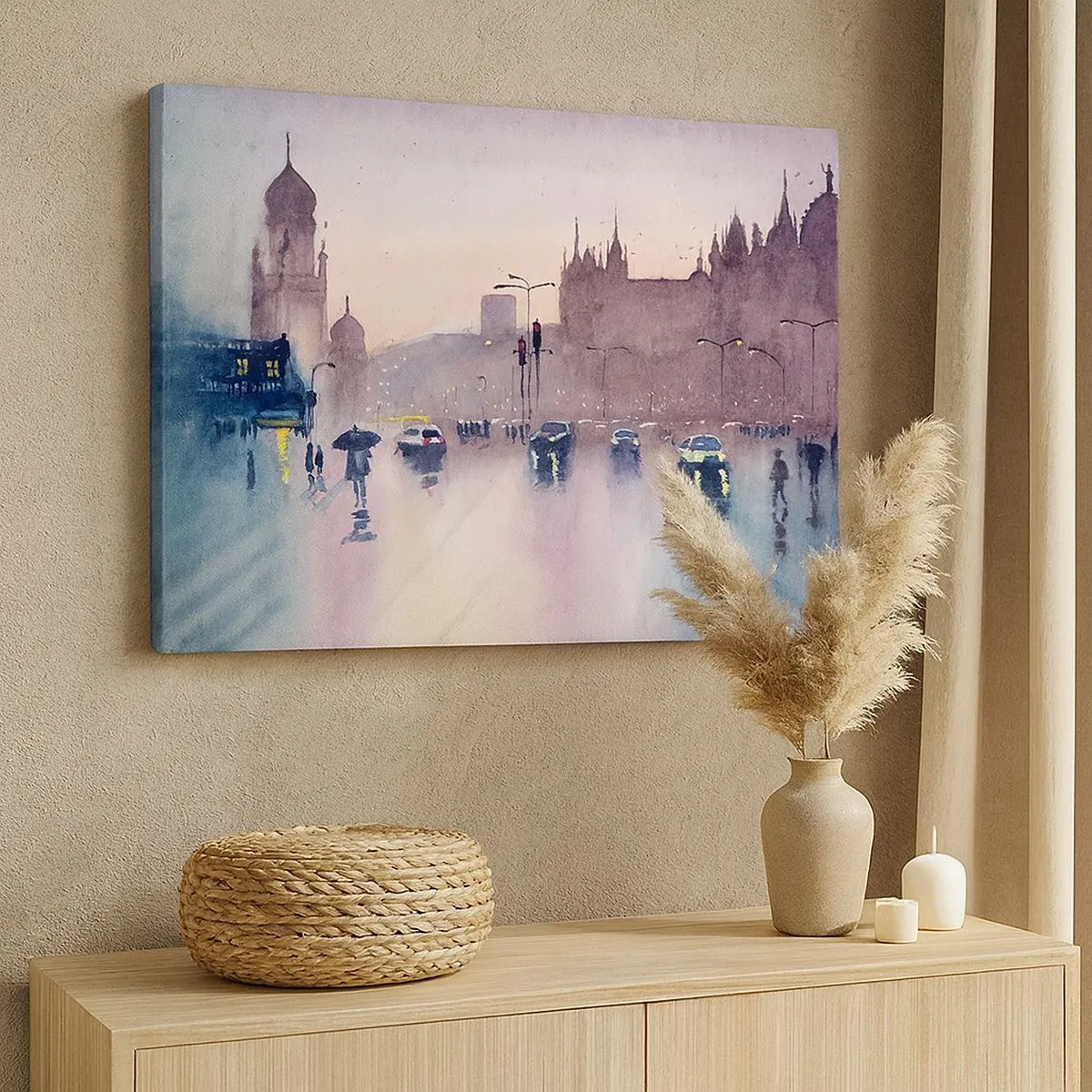 Quadro su tela - Stampe su Tela - Una strada cittadina al crepuscolo in stile acquerello - 70x50cm - Nella nebbia piovigginosa - Decorazione murale moderna per soggiorno e camera da letto ARTTOR