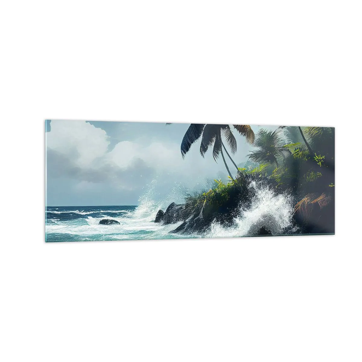 Quadro su vetro - Costa tropicale con palme e mare agitato - 140x50cm - Sulla riva tropicale - Decorazione murale moderna per soggiorno e camera da letto ARTTOR