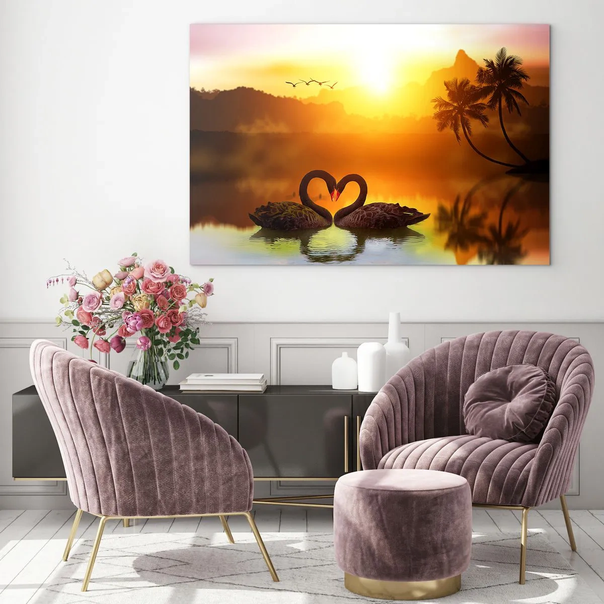 Quadro su vetro - Cigni neri sul lago al tramonto - 120x80cm - Tutto in coppia - Decorazione murale moderna per soggiorno e camera da letto ARTTOR