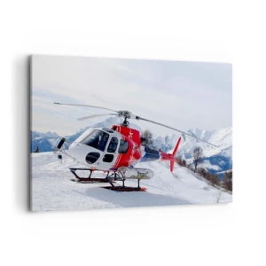 Quadro su tela - Stampe su Tela - Un elicottero rosso sullo sfondo di un paesaggio montano innevato. - 120x80cm - Sempre pronto - Decorazione murale moderna per soggiorno e camera da letto ARTTOR