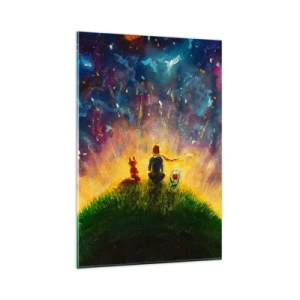 Quadro su vetro - Figure su una collina verde circondata da un cielo stellato - 80x120cm - Amore e amicizia: l'intero mondo - Decorazione murale moderna per soggiorno e camera da letto ARTTOR