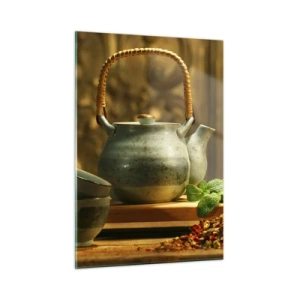 Quadro su vetro - Set da tè in ceramica con erbe aromatiche in una decorazione classica - 50x70cm - Trattato sul tè - Decorazione murale moderna per soggiorno e camera da letto ARTTOR