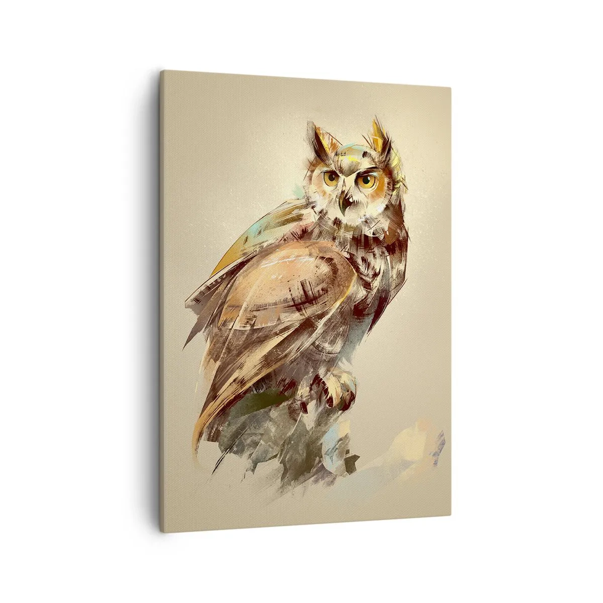 Quadro su tela - Stampe su Tela - Ritratto artistico di un gufo su uno sfondo chiaro dalle tonalità calde. - 50x70cm - Il gufo più saggio - il querceto lo conferma - Decorazione murale moderna per soggiorno e camera da letto ARTTOR