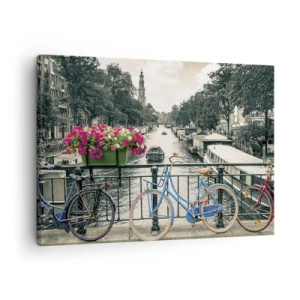 Quadro su tela - Stampe su Tela - Un ponte con biciclette e fiori sopra un canale ad Amsterdam - 70x50cm - I colori delle strade di Amsterdam - Decorazione murale moderna per soggiorno e camera da letto ARTTOR