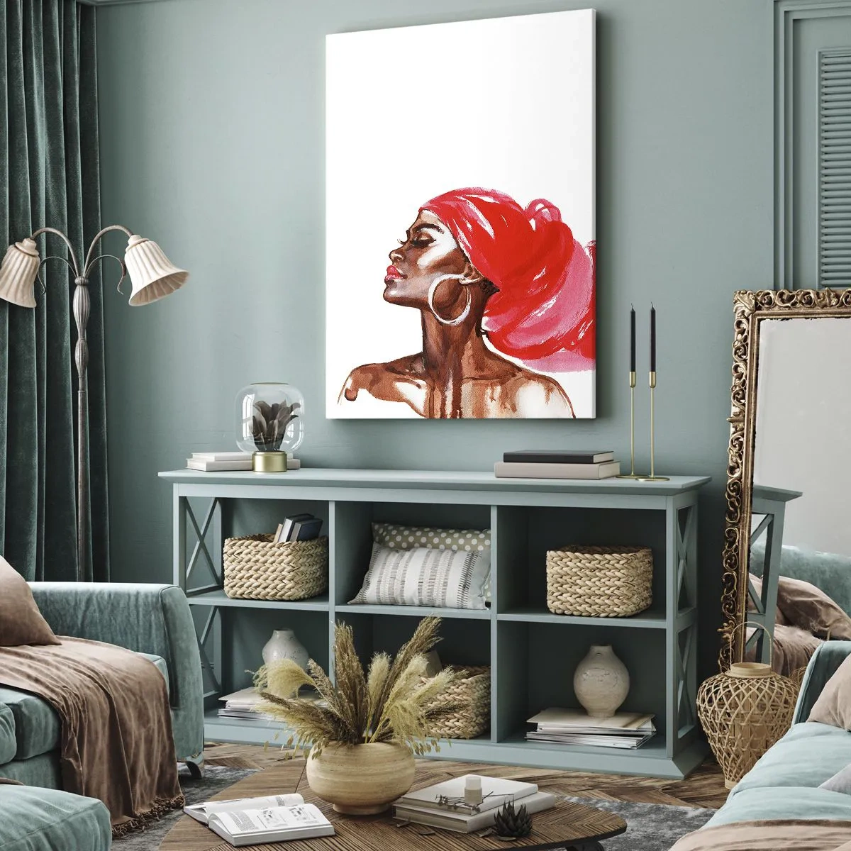 Quadro su tela - Stampe su Tela - Profilo di una donna con turbante rosso e orecchini - 50x70cm - C'è un vento che allarga le narici dell'uomo - Decorazione murale moderna per soggiorno e camera da letto ARTTOR