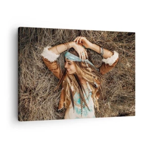 Quadro su tela - Stampe su Tela - Donna in stile boho sdraiata sul fieno - 70x50cm - Verso gli anni dell'amore - Decorazione murale moderna per soggiorno e camera da letto ARTTOR