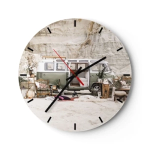 Orologio da parete - Orologio in Vetro - Un camper con elementi decorativi su uno sfondo di paesaggio naturale - 30x30cm - è tempo di viaggiare - Decorazione murale moderna per soggiorno, cucina e camera da letto ARTTOR