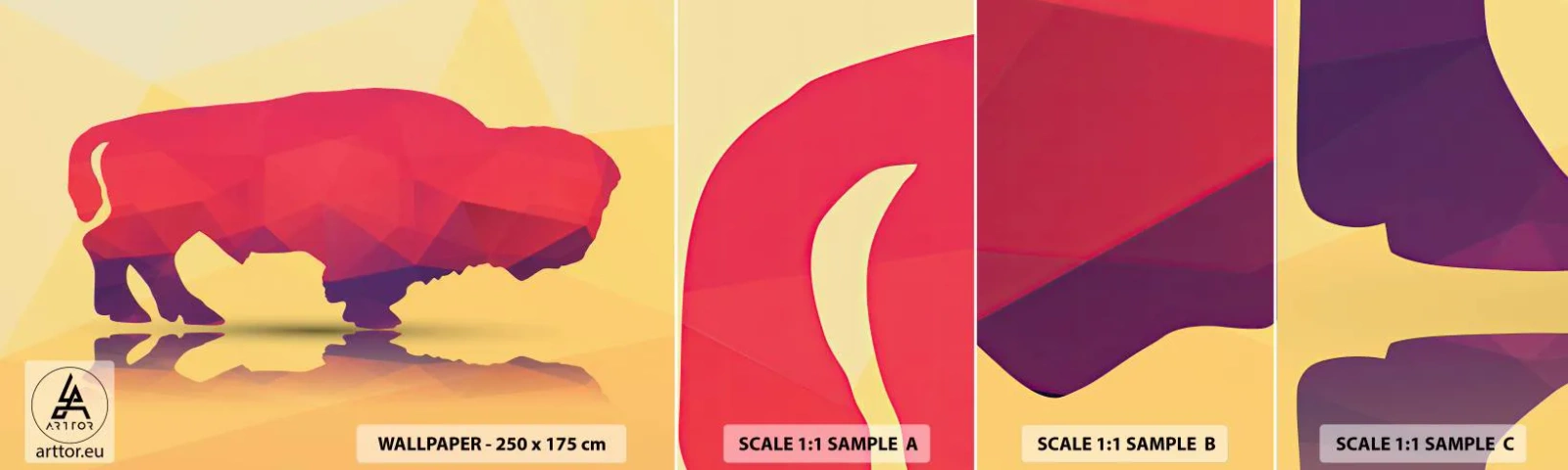 Campione Di Fotomurale Standard Eco - La forza del bisonte amaranto - Animali, saggio, Figura geometrica - 100x30 cm