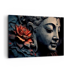 Quadro su tela - Stampe su Tela - Scultura del Buddha con un fiore di loto rosso - 120x80cm - In armonia con il mondo - Decorazione murale moderna per soggiorno e camera da letto ARTTOR