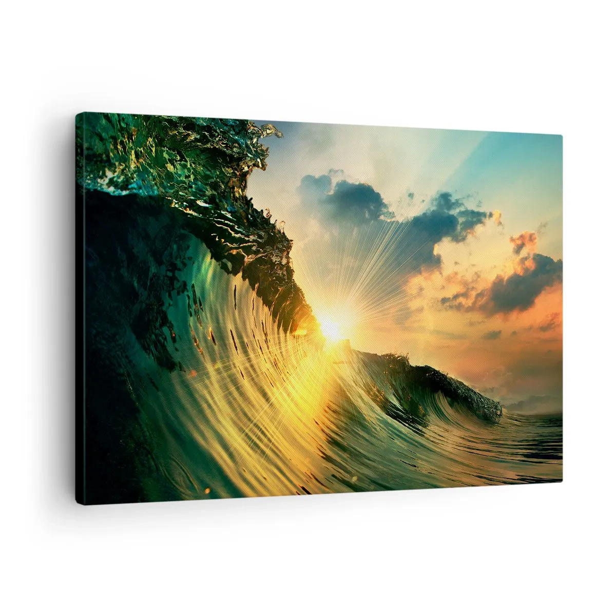 Quadro su tela - Stampe su Tela - Un'onda con il sole al tramonto e le nuvole illuminate - 70x50cm - Surfista, dove sei? - Decorazione murale moderna per soggiorno e camera da letto ARTTOR