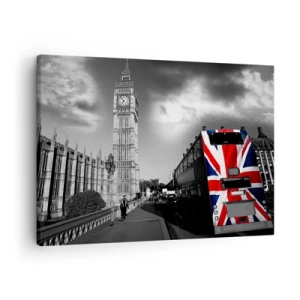 Quadro su tela - Stampe su Tela - Il Big Ben e un autobus con una bandiera britannica su uno sfondo bianco e nero - 70x50cm - Orgogliosa e grande - Decorazione murale moderna per soggiorno e camera da letto ARTTOR