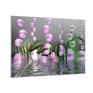 Quadro su vetro - Bolle viola che galleggiano sopra l'acqua con le piante - 100x70cm - Composizione meditativa su leggerezza e vita - Decorazione murale moderna per soggiorno e camera da letto ARTTOR