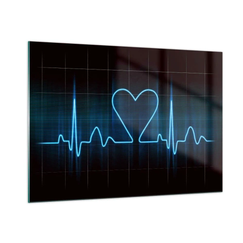 Quadro su vetro - Linea di vita con un cuore su uno sfondo scuro in luce blu - 100x70cm - Al ritmo del cuore - Decorazione murale moderna per soggiorno e camera da letto ARTTOR