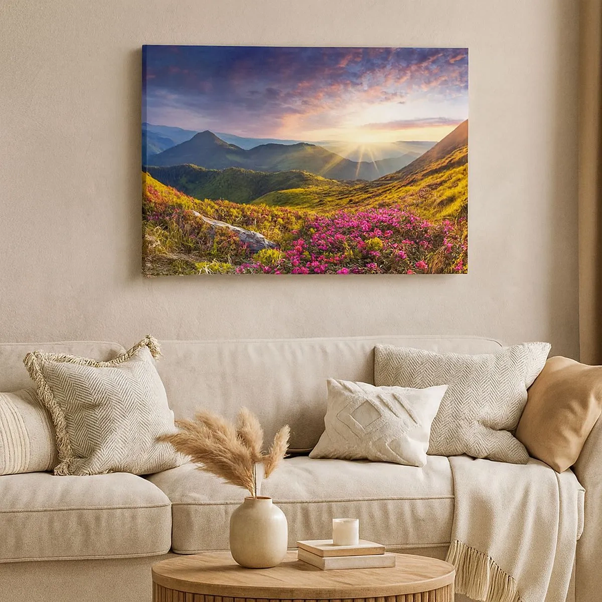 Quadro su tela - Stampe su Tela - Paesaggio montano con rododendri in fiore - 70x50cm - La freschezza di un mattino sui monti - Decorazione murale moderna per soggiorno e camera da letto ARTTOR