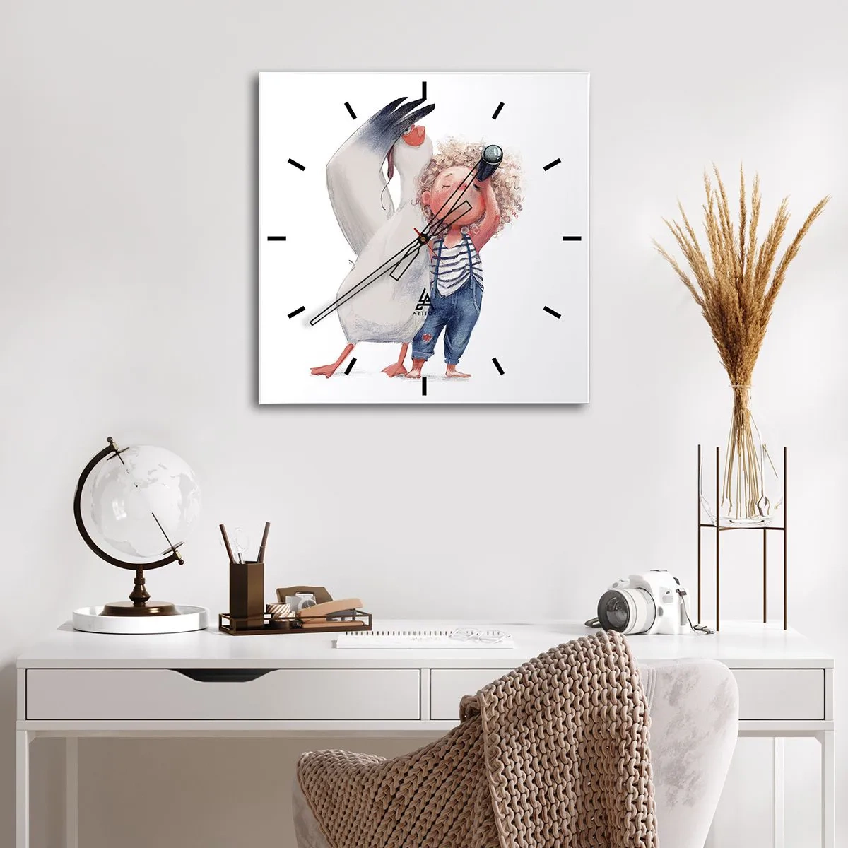 Orologio da parete - Orologio in Vetro - Illustrazione di un bambino con un pellicano e un telescopio in mano - 30x30cm - Il progetto di un grande viaggio - Decorazione murale moderna per soggiorno e camera da letto ARTTOR