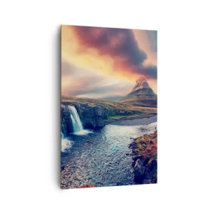 Quadro su tela - Stampe su Tela - Vista della cascata e della montagna alla luce del sole al tramonto - 80x120cm - Nella maestà della natura - Decorazione murale moderna per soggiorno e camera da letto ARTTOR