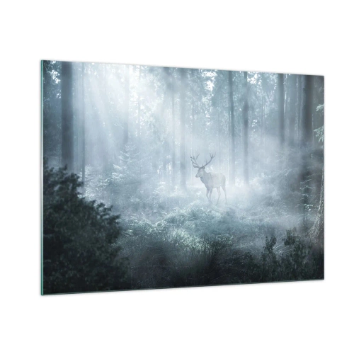 Quadro su vetro - Un cervo in una foresta nebbiosa illuminata dai raggi del sole mattutino - 100x70cm - Passeggiata mattutina sulle sue terre - Decorazione murale moderna per soggiorno e camera da letto ARTTOR