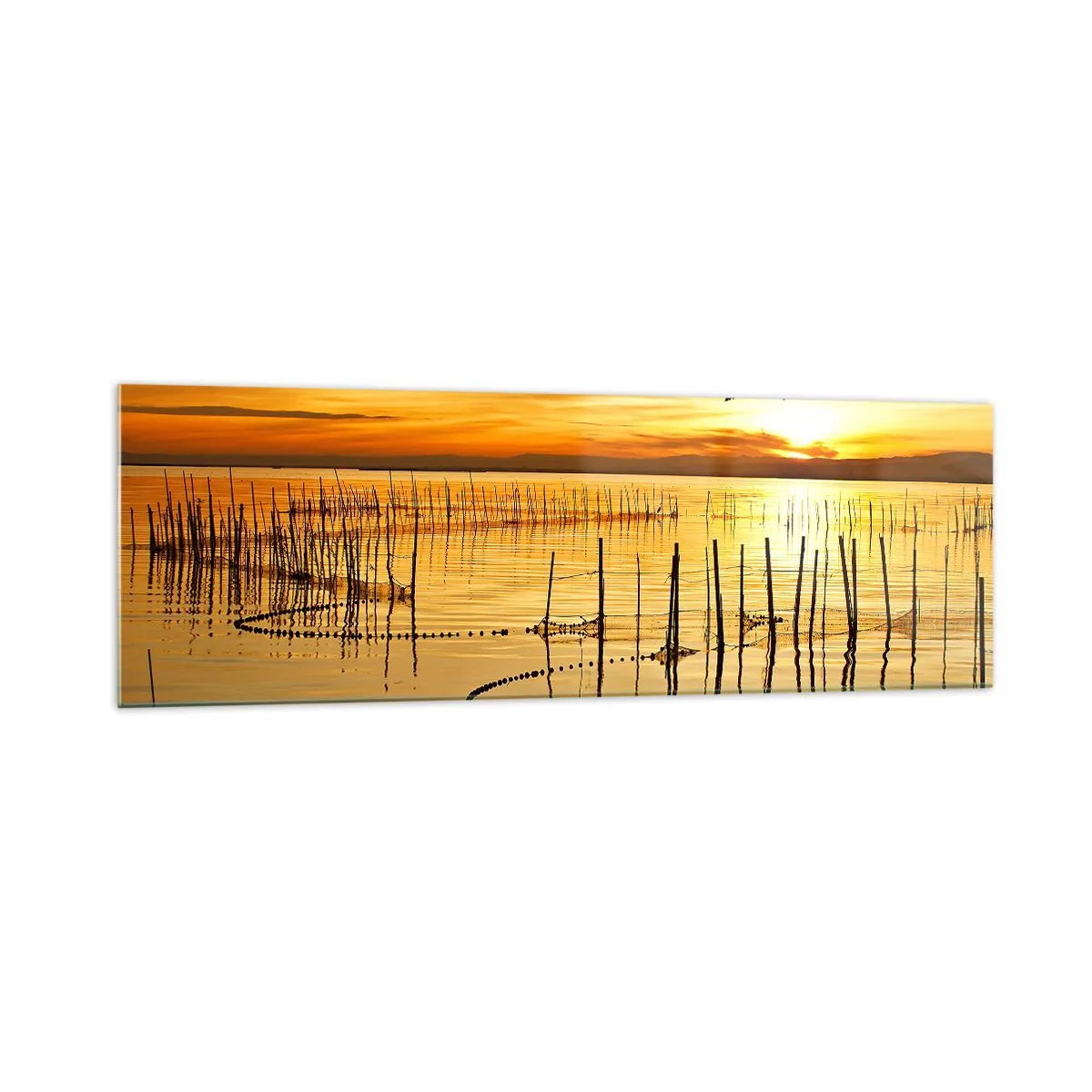 Quadro su vetro - Tramonto sull'acqua con uccelli in volo - 160x50cm - Alla pesca - Decorazione murale moderna per soggiorno e camera da letto ARTTOR