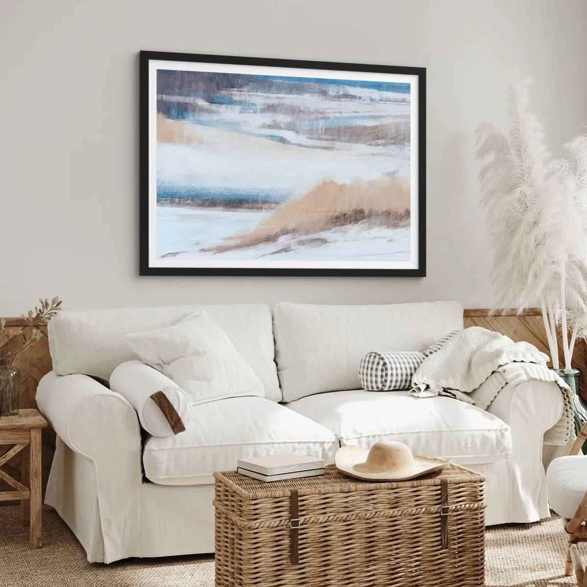 Poster in cornice nera - Paesaggio invernale astratto nei toni del bianco e del blu - 70x50cm - Composizione invernale - Decorazione murale moderna per soggiorno e camera da letto ARTTOR