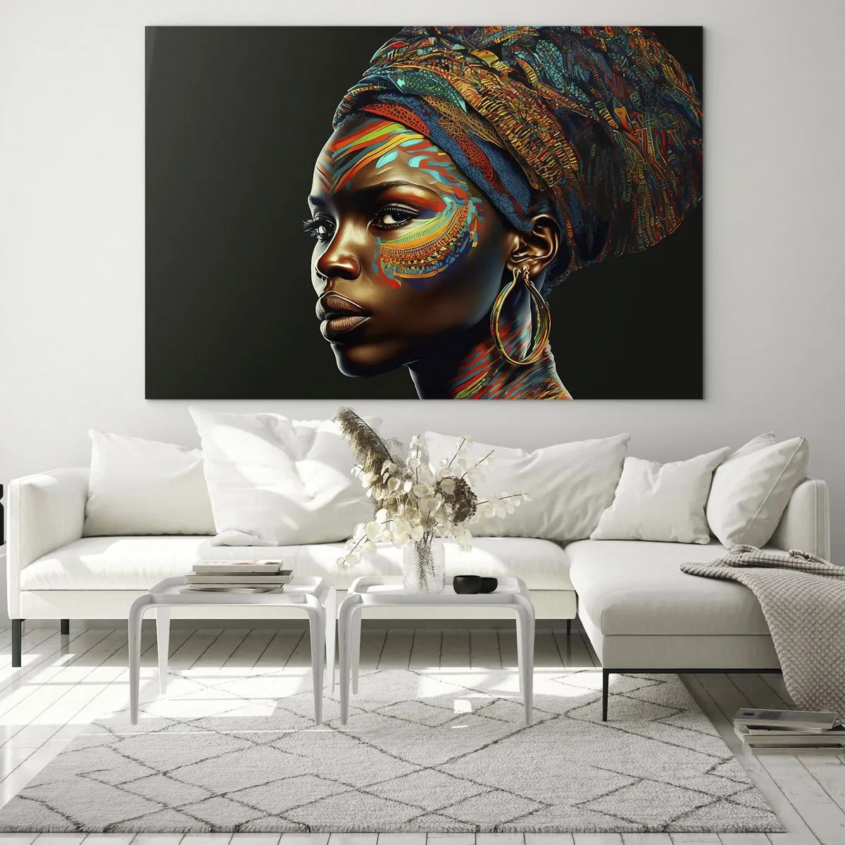 Quadro su vetro - Ritratto di una donna con pittura colorata e turbante - 70x50cm - Regina africana - Decorazione murale moderna per soggiorno e camera da letto ARTTOR