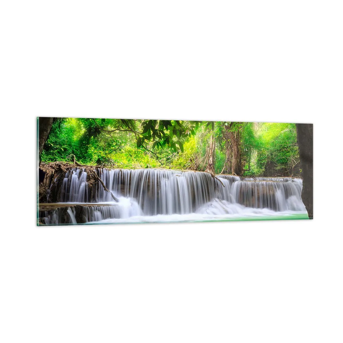 Quadro su vetro - Cascata nel verde - 90x30 cm
