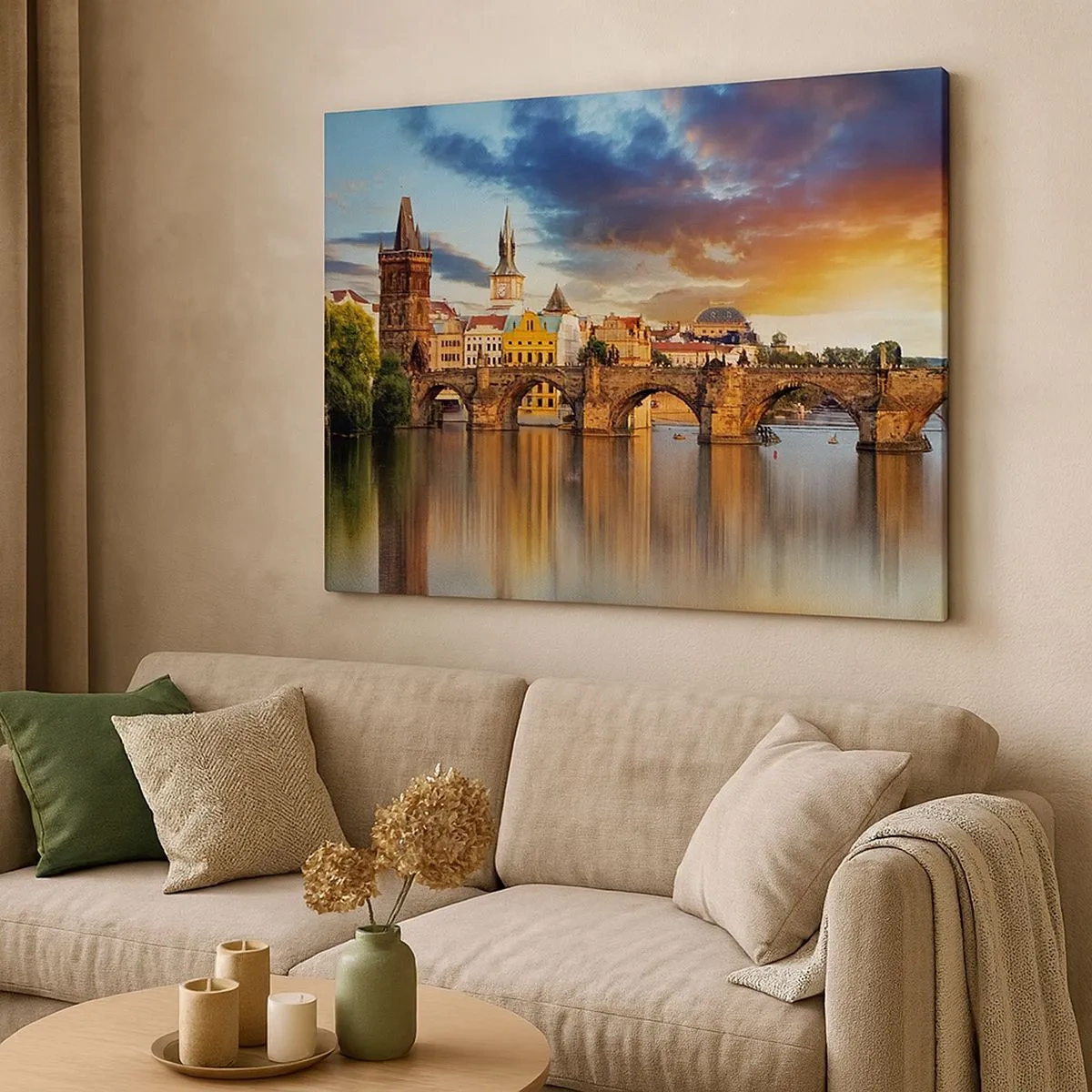Quadro su tela - Stampe su Tela - Lo storico ponte sul fiume alla luce del tramonto - 70x50cm - Bella da secoli - Decorazione murale moderna per soggiorno e camera da letto ARTTOR