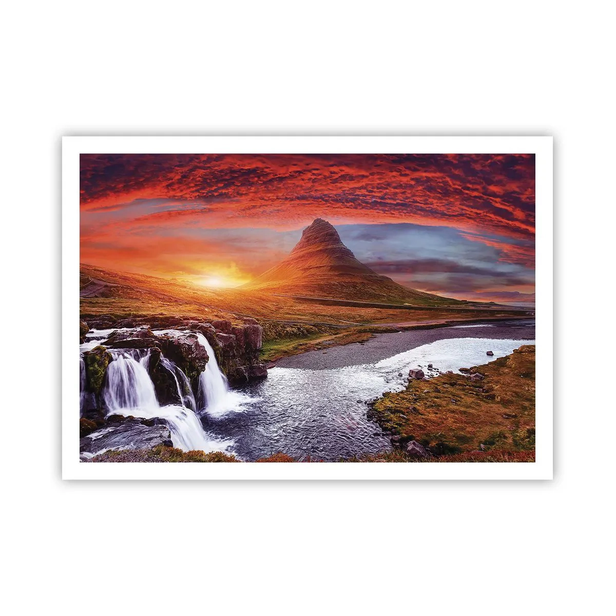 Poster - Paesaggio montano con cascata al tramonto - 100x70cm - Paesaggio della Terra di Mezzo - Decorazione murale moderna per soggiorno e camera da letto ARTTOR