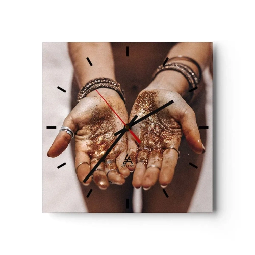 Orologio da parete - Orologio in Vetro - Primo piano di mani con glitter in tonalità calde - 30x30cm - Un dono per te - Decorazione murale moderna per soggiorno e camera da letto ARTTOR