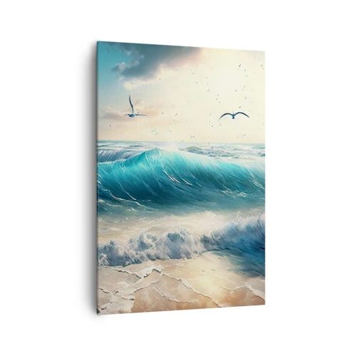 Quadro su tela - Stampe su Tela - Onde del mare sulla spiaggia sotto un cielo azzurro con gabbiani - 70x100cm - Mormora solo per te - Decorazione murale moderna per soggiorno e camera da letto ARTTOR