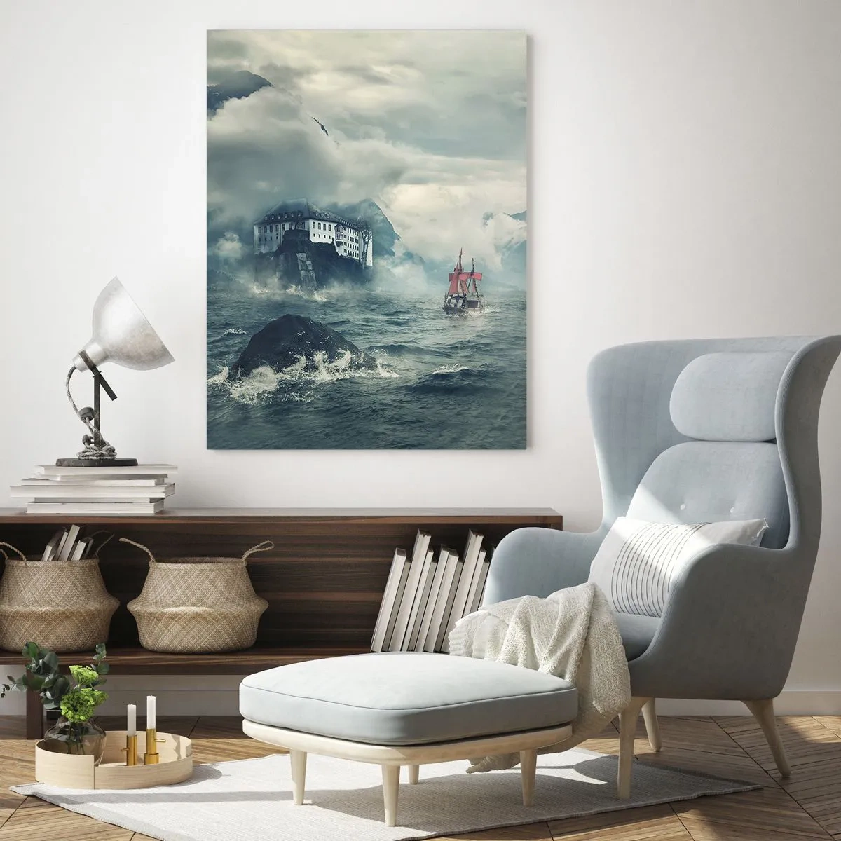 Quadro su vetro - Una nave in un mare in tempesta con un castello sullo sfondo - 50x70cm - Sulle acque magiche - Decorazione murale moderna per soggiorno e camera da letto ARTTOR