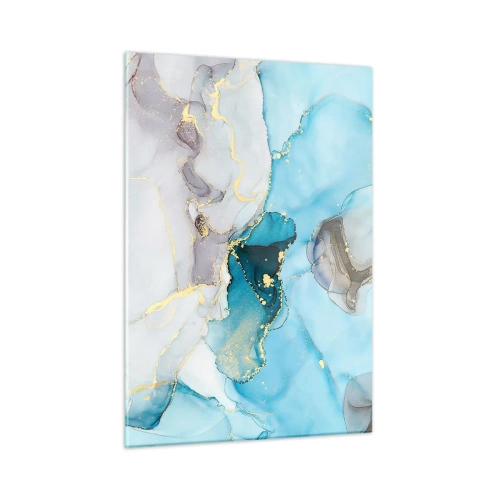 Quadro su vetro - Onde turchesi e grigie con accenti dorati - 50x70cm - Studio di incontro tra grigio e turchese - Decorazione murale moderna per soggiorno e camera da letto ARTTOR