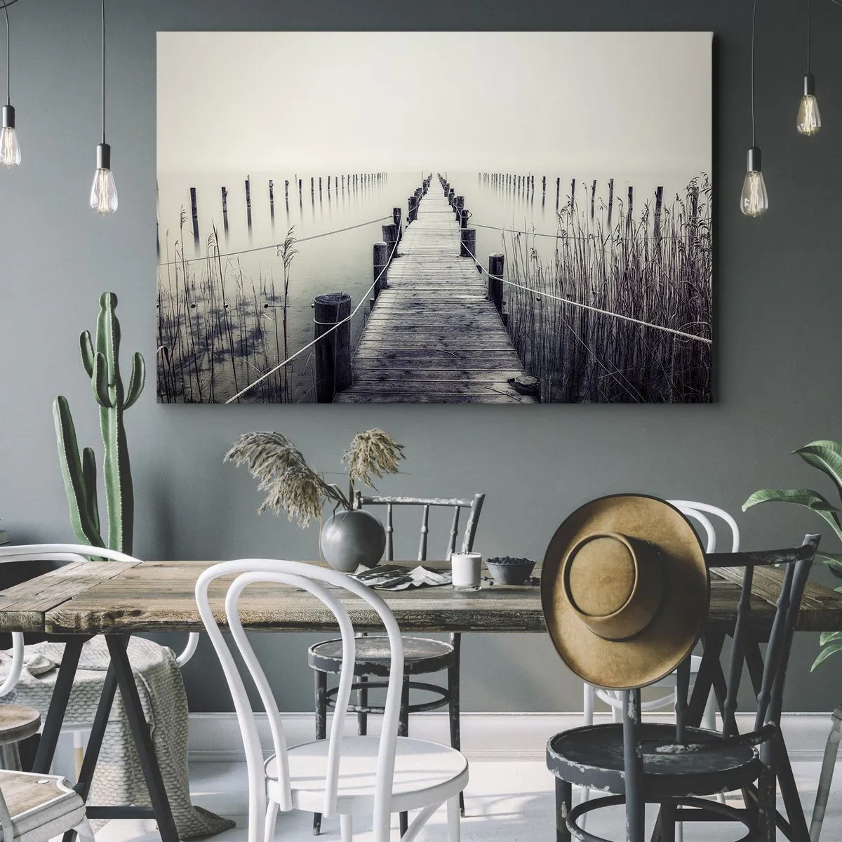 Quadro su tela - Stampe su Tela - Un ponte di legno che conduce in uno spazio nebbioso - 70x50cm - Immergiti nella pace - Decorazione murale moderna per soggiorno e camera da letto ARTTOR