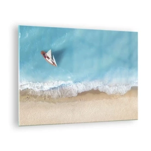 Quadro su vetro - Una barca a vela sul mare azzurro vicino a una spiaggia sabbiosa - 70x50cm - Al confine del blu e dell'oro - Decorazione murale moderna per soggiorno e camera da letto ARTTOR