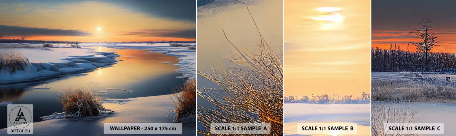 Campione di Fotomurale Adesivo Deluxe Sticker - Tramonto invernale - Inverno, Fiume, Paesaggio - 100x30 cm