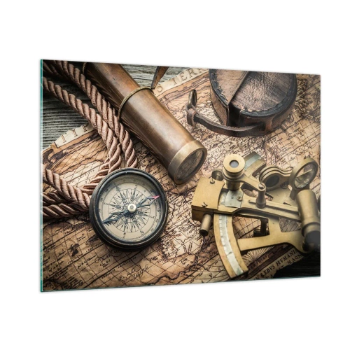Quadro su vetro - Bussola, mappa e strumenti di navigazione in stile retrò - 100x70cm - Traccia la rotta - Decorazione murale moderna per soggiorno e camera da letto ARTTOR