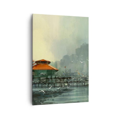 Quadro su tela - Stampe su Tela - Edifici portuali in uno scenario piovoso con gabbiani - 70x100cm - Giornata di pioggia al porto - Decorazione murale moderna per soggiorno e camera da letto ARTTOR