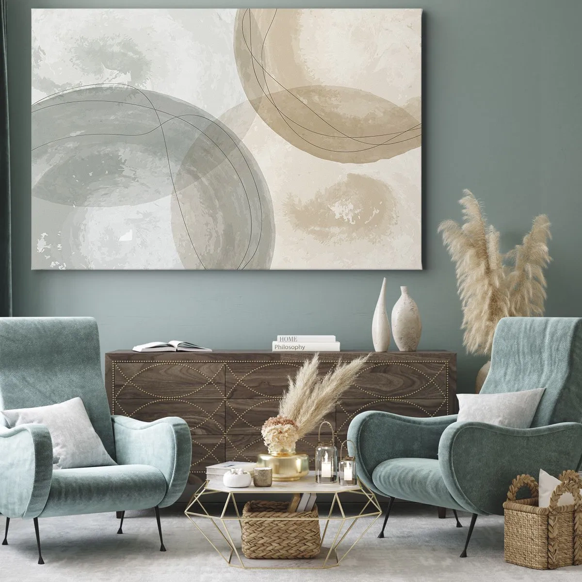 Quadro su tela - Stampe su Tela - Composizione astratta in colori pastello con linee - 100x70cm - Compenetrazione di mondi - Decorazione murale moderna per soggiorno e camera da letto ARTTOR