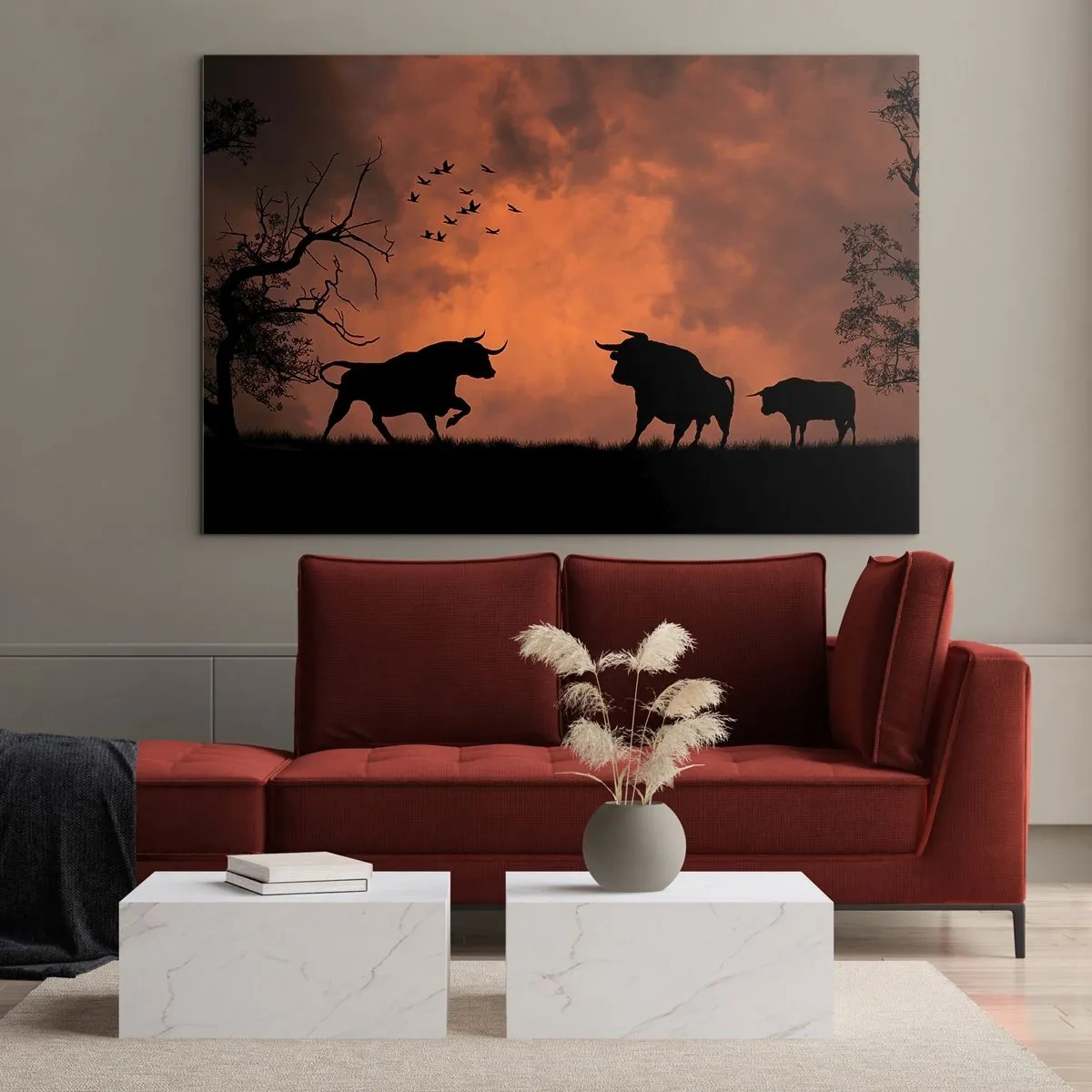 Quadro su vetro - Sagome di tori contro un cielo arancione al tramonto - 70x50cm - Drammatico spettacolo della natura - Decorazione murale moderna per soggiorno e camera da letto ARTTOR