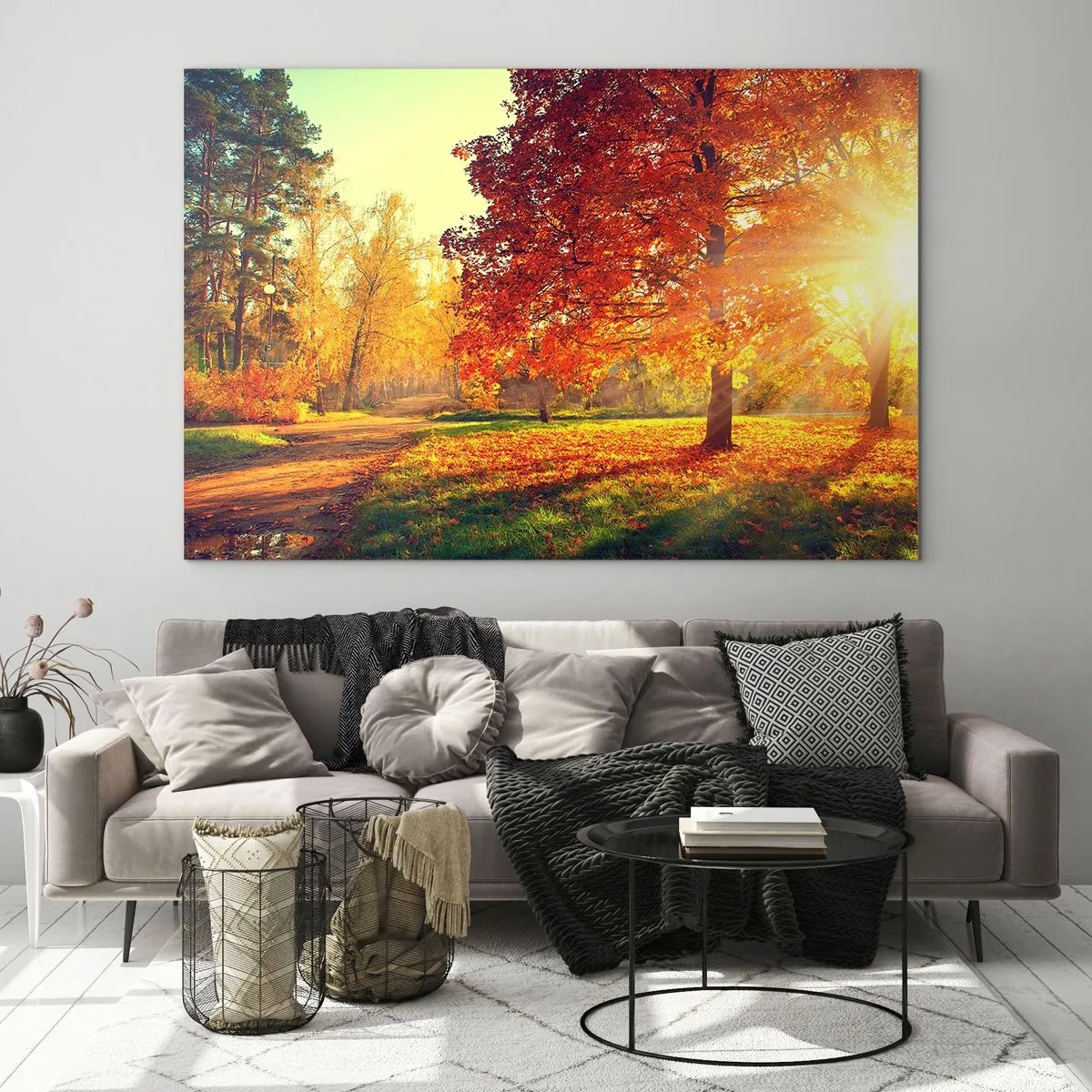 Quadro su vetro - Vicolo autunnale con raggi di sole - 100x70cm - Rosso è bello - Decorazione murale moderna per soggiorno e camera da letto ARTTOR