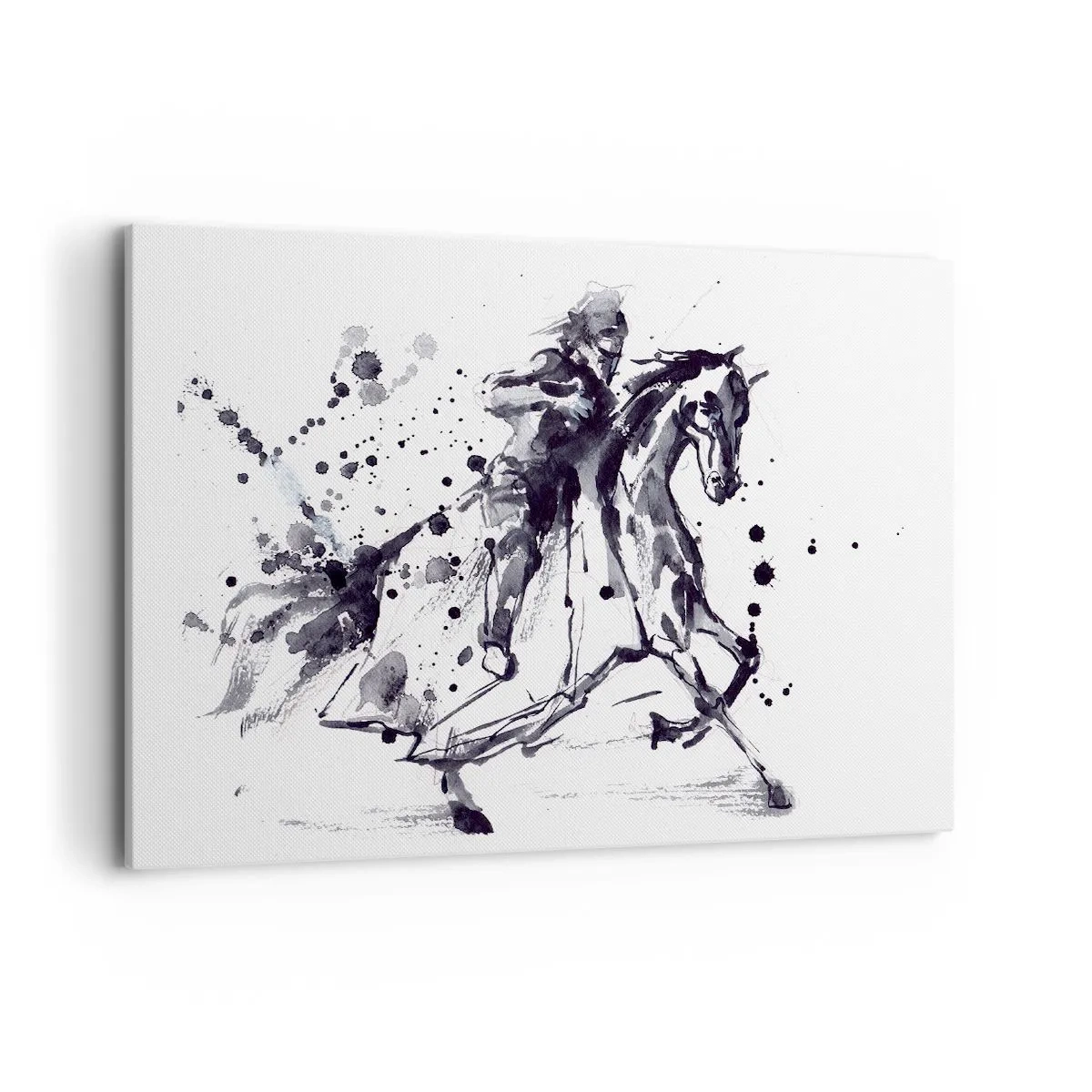 Quadro su tela - Stampe su Tela - Acquerello in bianco e nero di un cavaliere su un cavallo al galoppo - 100x70cm - Il cavaliere nero - Decorazione murale moderna per soggiorno e camera da letto ARTTOR