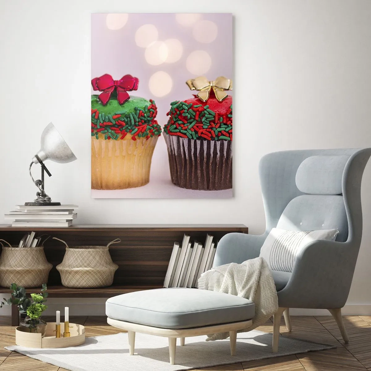Quadro su vetro - Cupcake di Natale con decorazioni a fiocco - 50x70cm - Dolci a volontà - Decorazione murale moderna per soggiorno e camera da letto ARTTOR