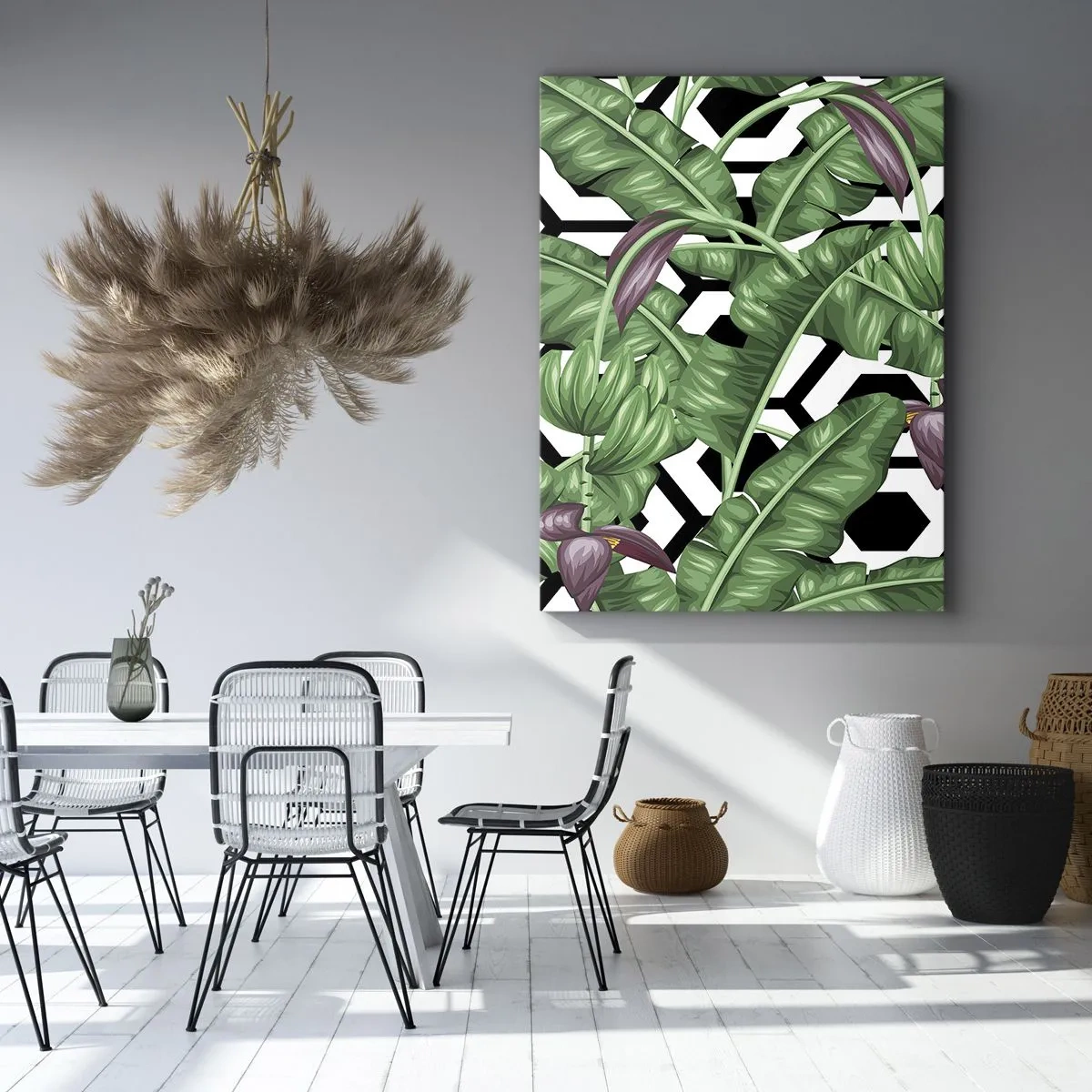 Quadro su tela - Stampe su Tela - Foglie tropicali su sfondo geometrico - 80x120cm - Composizione simmetrica con la natura - Decorazione murale moderna per soggiorno e camera da letto ARTTOR