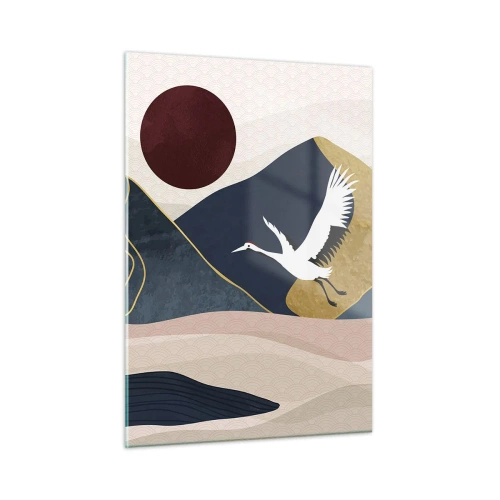 Quadro su vetro - Due gru che sorvolano un paesaggio ondulato con un sole rosso. - 50x70cm - E la giornata è nuovamente VOLATA - Decorazione murale moderna per soggiorno e camera da letto ARTTOR