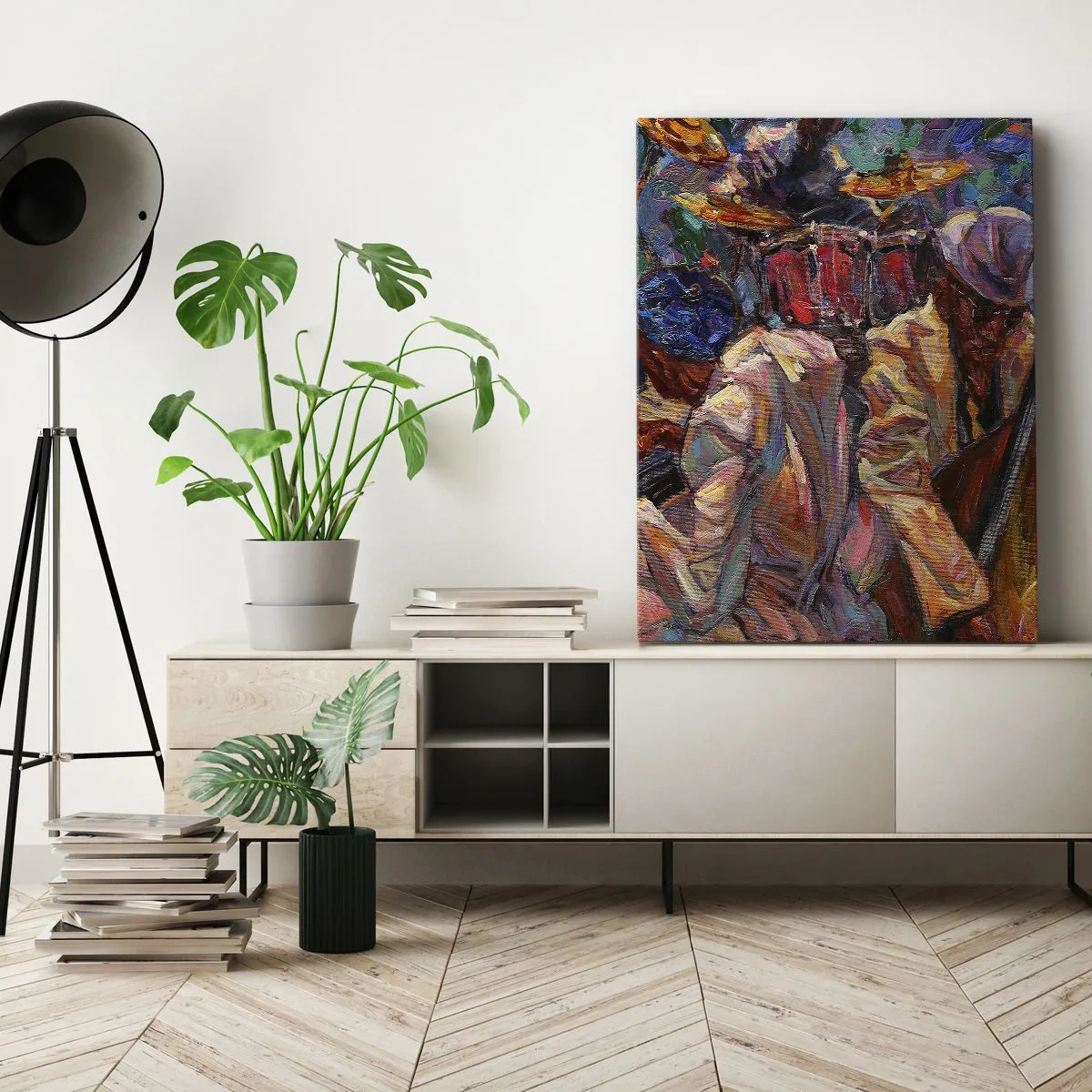 Quadro su tela - Stampe su Tela - Scena jazz energica con musicisti e strumenti - 50x70cm - In un unico ritmo - Decorazione murale moderna per soggiorno e camera da letto ARTTOR