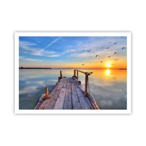 Poster - Molo di legno al tramonto su un lago calmo - 100x70cm - Camminando verso il sole - Decorazione murale moderna per soggiorno e camera da letto ARTTOR